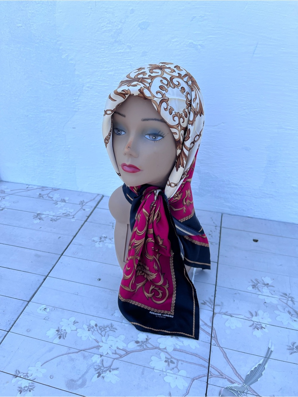 Adrienne Landau Cream and Burgundy Ornate Silk Scarf